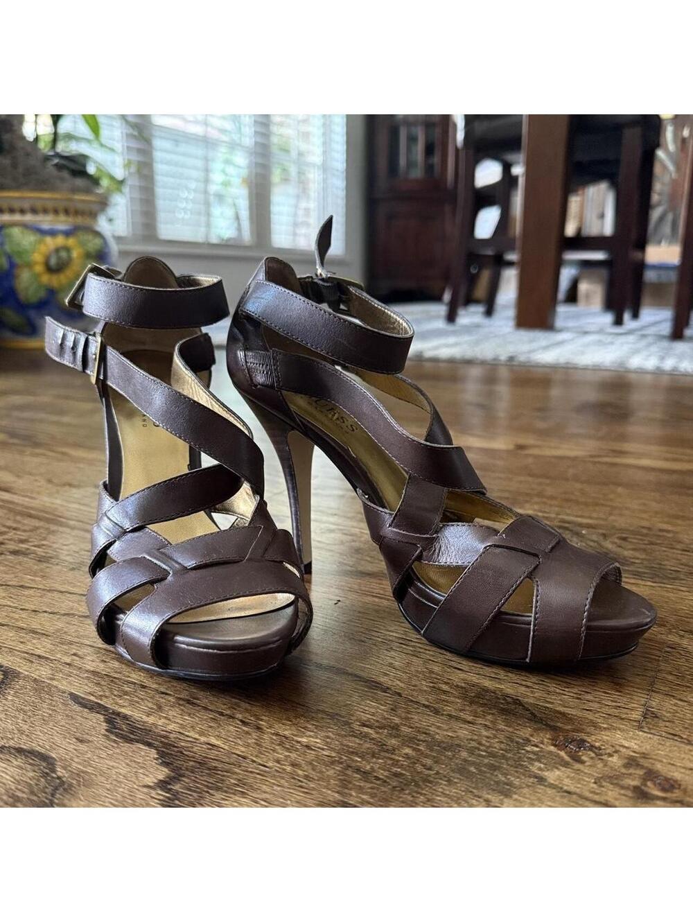 🤎 Guess by Marciano Eullia Brown Leather Gladiator Platform Heels Size 6M
